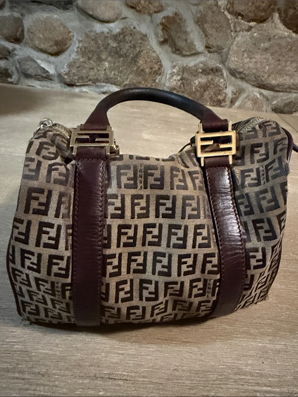 Fendi Brown Zucca Logo Canvas Satchel with Dark Brown Leather Trim